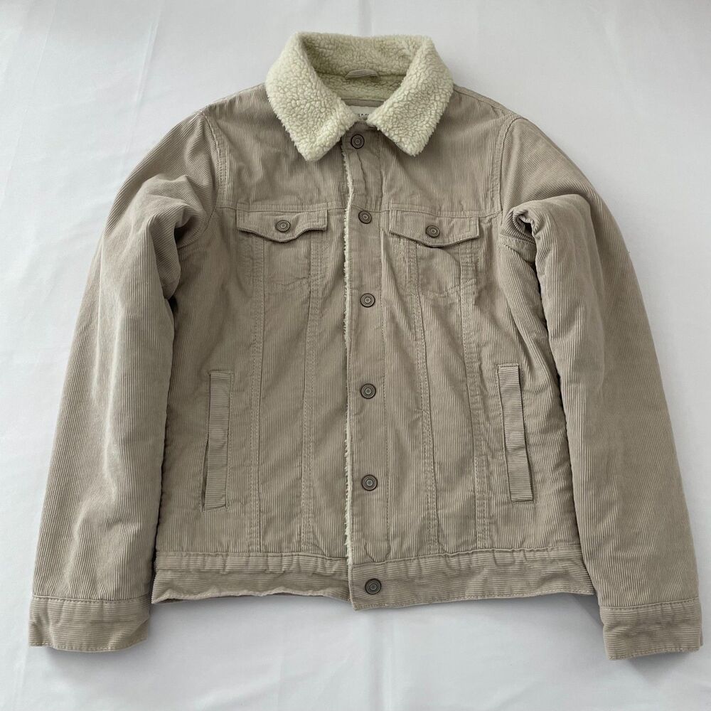 Denim & Flower Jacket Mens Small Beige Corduroy Sherpa Lined Trucker